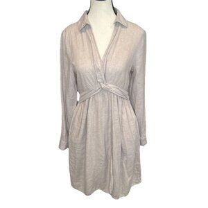 Joie Beige Long Sleeve Knot Front Linen Blend Collared Dress Sz S Travel Coastal